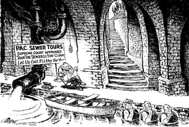 Political/Editorial Cartoon by Pat Oliphant, Universal Press Syndicate on PACs Playing Key Role in Campaigns