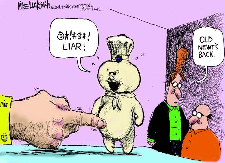Political/Editorial Cartoon by Mike Luckovich, Atlanta Journal-Constitution on Romney, Santorum, Paul Win Iowa