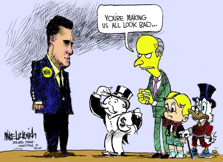 Political/Editorial Cartoon by Mike Luckovich, Atlanta Journal-Constitution on Romney Campaign Under Attack