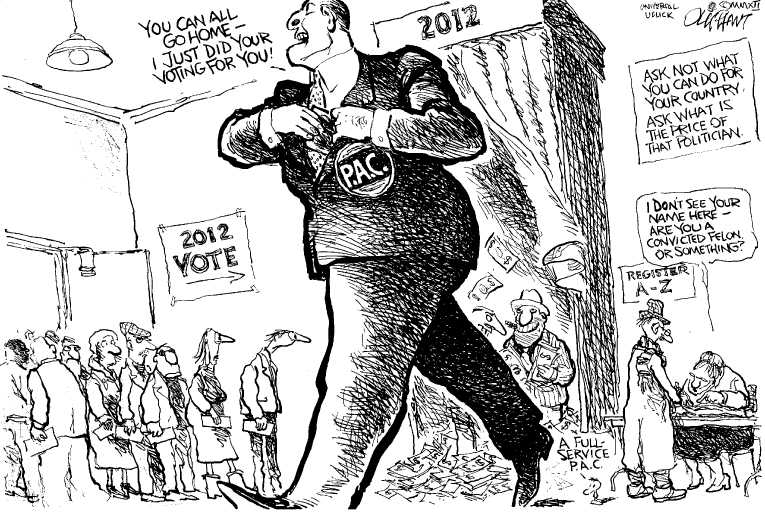 Political/Editorial Cartoon by Pat Oliphant, Universal Press Syndicate on “Citizens United” Ruling Being Felt