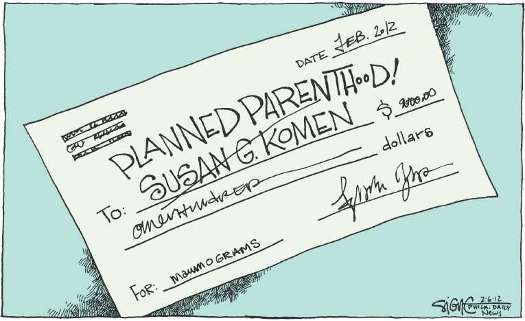 Political/Editorial Cartoon by Signe Wilkinson, Philadelphia Daily News on Komen Foundation Blows It