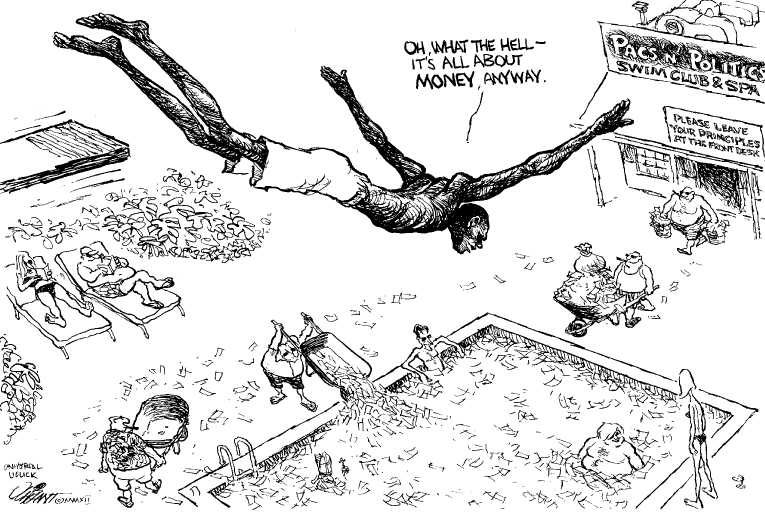 Political/Editorial Cartoon by Pat Oliphant, Universal Press Syndicate on Obama Embraces SuperPACs