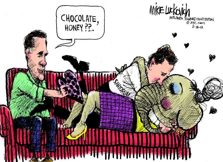 Political/Editorial Cartoon by Mike Luckovich, Atlanta Journal-Constitution on Romney and Santorum in Dead Heat