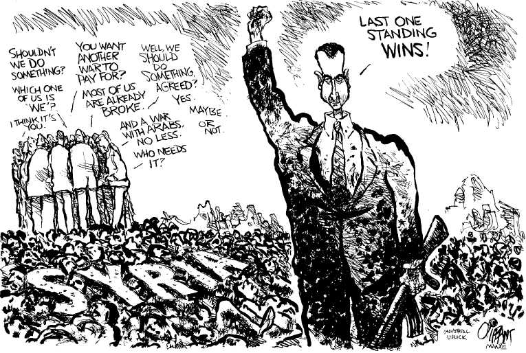 Political/Editorial Cartoon by Pat Oliphant, Universal Press Syndicate on Syrian Crisis Worsens