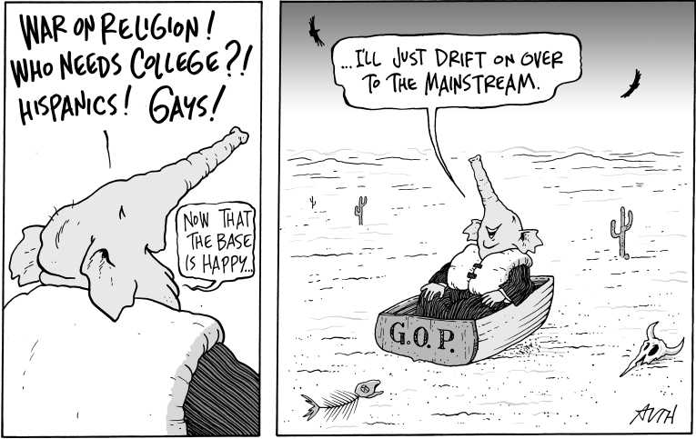 Political/Editorial Cartoon by Tony Auth, Philadelphia Inquirer on Romney Claims Victory