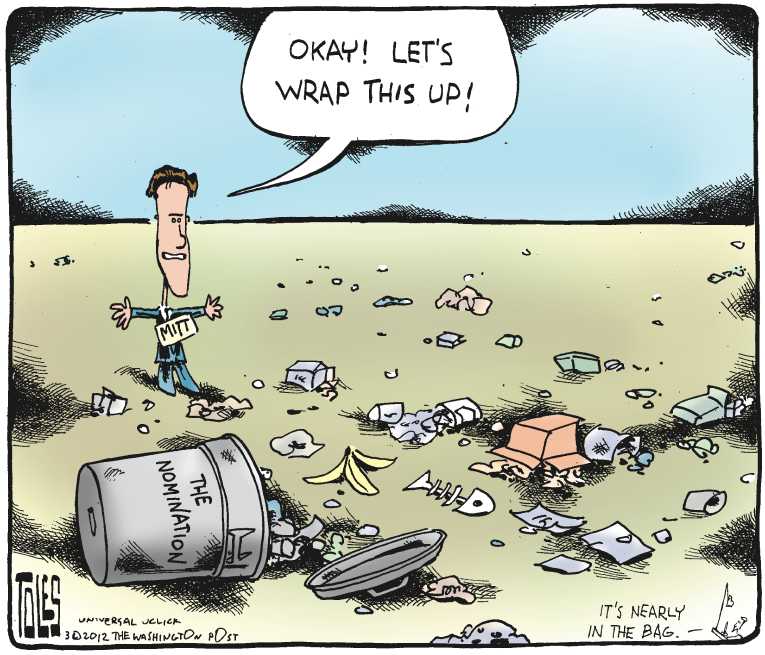 Political/Editorial Cartoon by Tom Toles, Washington Post on Romney Claims Victory