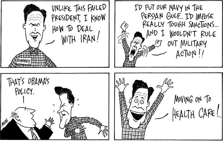 Political/Editorial Cartoon by Tony Auth, Philadelphia Inquirer on Romney Claims Victory