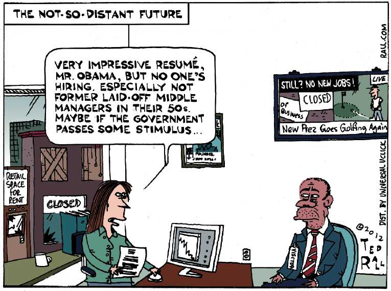 Political/Editorial Cartoon by Ted Rall on Unemployment Rate Remains High