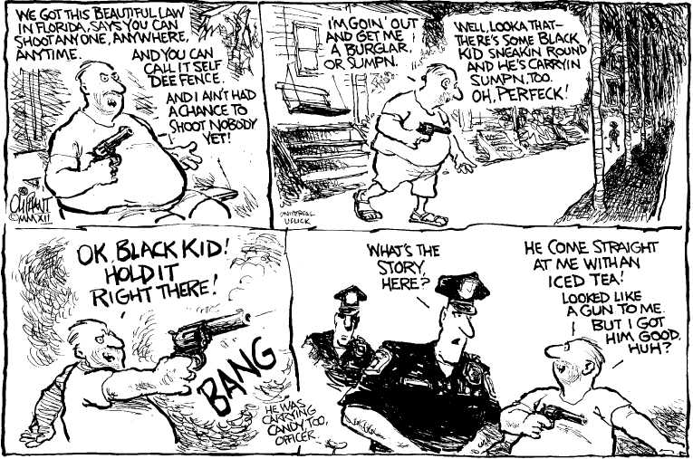 Political/Editorial Cartoon by Pat Oliphant, Universal Press Syndicate on Unarmed Boy Shot in Florida