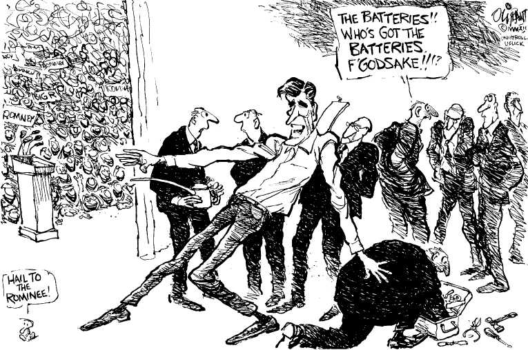Political/Editorial Cartoon by Pat Oliphant, Universal Press Syndicate on Romney Wins Three Primaries