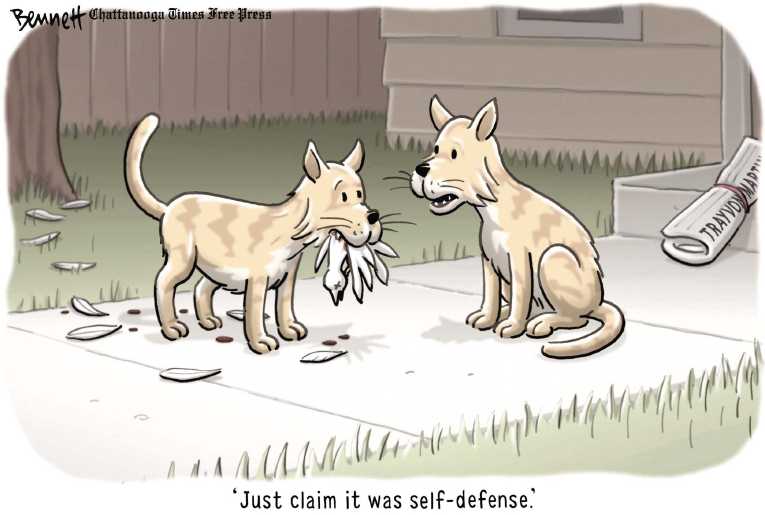 Political/Editorial Cartoon by Clay Bennett, Chattanooga Times Free Press on NRA: “Thank God He Had a Gun”