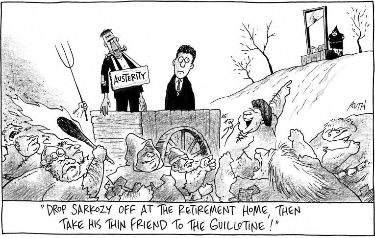 Political/Editorial Cartoon by Tony Auth, Philadelphia Inquirer on France Rejects Austerity Measures