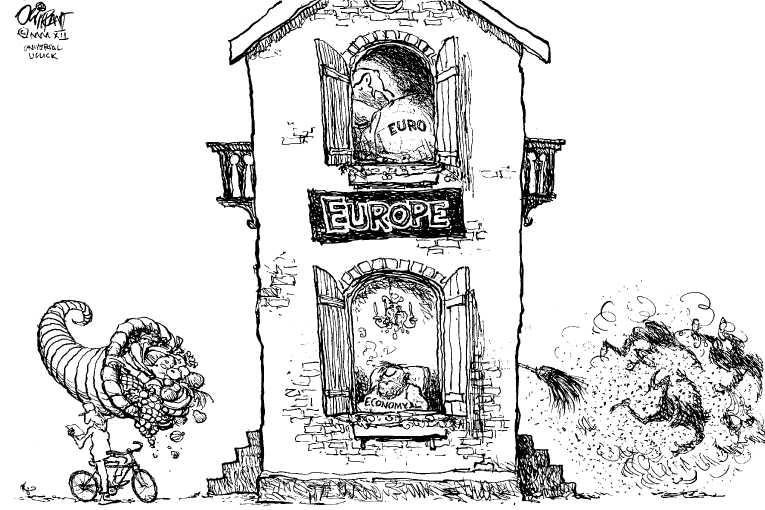 Political/Editorial Cartoon by Pat Oliphant, Universal Press Syndicate on France Rejects Austerity Measures