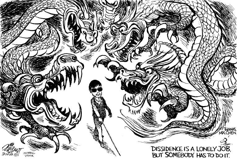 Political/Editorial Cartoon by Pat Oliphant, Universal Press Syndicate on Chinese Dissident Cleared to Flee