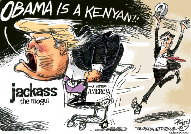 Political/Editorial Cartoon by Pat Bagley, Salt Lake Tribune on Romney Sharpens Attack