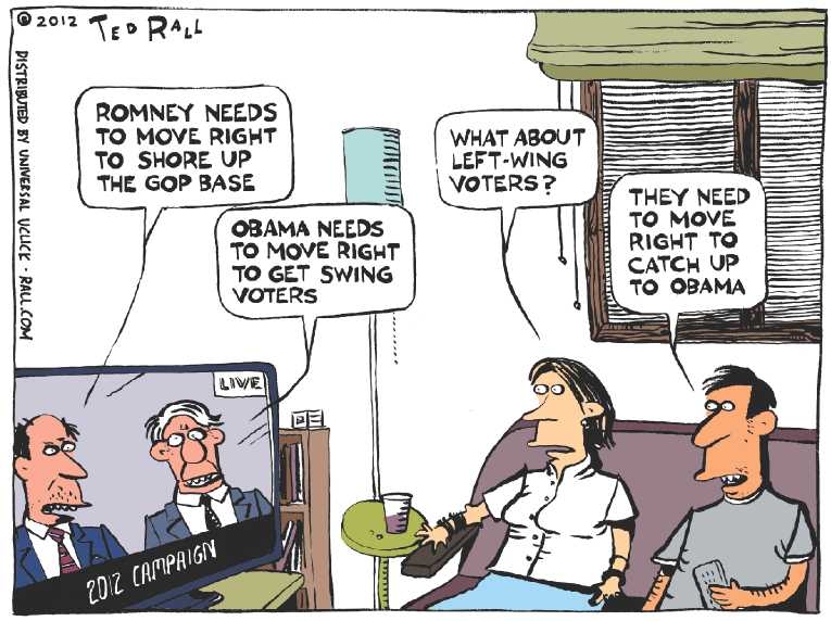 Political/Editorial Cartoon by Ted Rall on Romney Sharpens Attack
