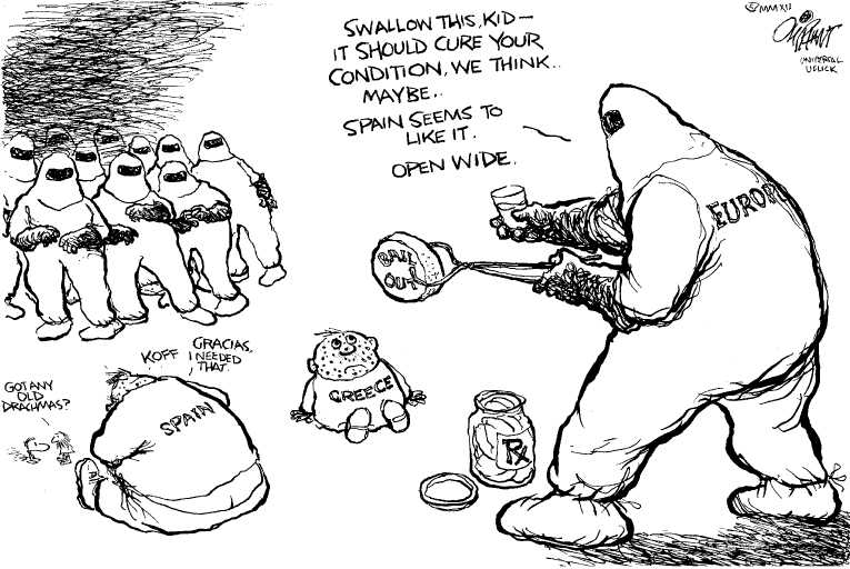 Political/Editorial Cartoon by Pat Oliphant, Universal Press Syndicate on Euro Crisis Heightening