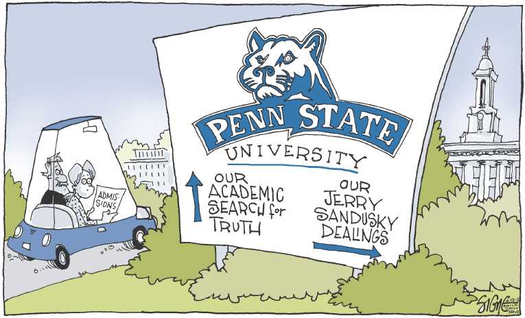 Political/Editorial Cartoon by Signe Wilkinson, Philadelphia Daily News on Sandusky Trial Begins