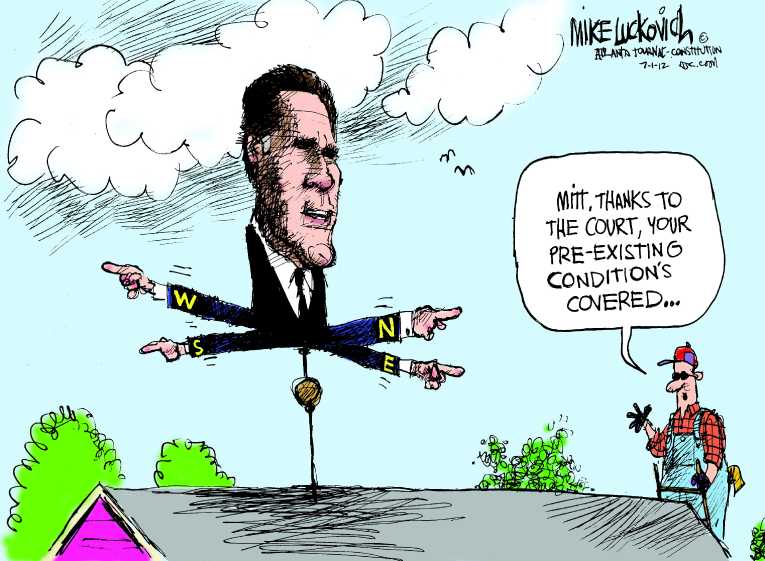 Political/Editorial Cartoon by Mike Luckovich, Atlanta Journal-Constitution on Romney Vows to Repeal ObamaCare