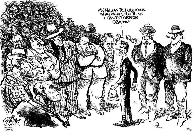 Political/Editorial Cartoon by Pat Oliphant, Universal Press Syndicate on Romney Goes on the Defensive
