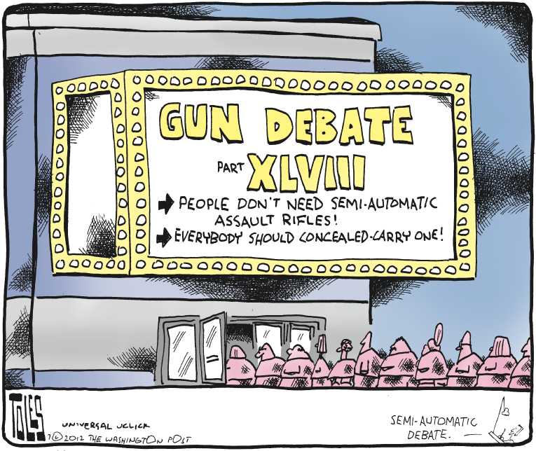 Political/Editorial Cartoon by Tom Toles, Washington Post on Colorado Massacre Claims 12 Lives
