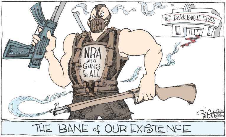 Political/Editorial Cartoon by Signe Wilkinson, Philadelphia Daily News on Colorado Massacre Claims 12 Lives