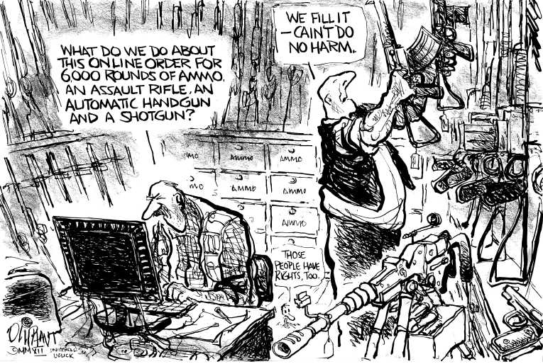 Political/Editorial Cartoon by Pat Oliphant, Universal Press Syndicate on Colorado Massacre Claims 12 Lives