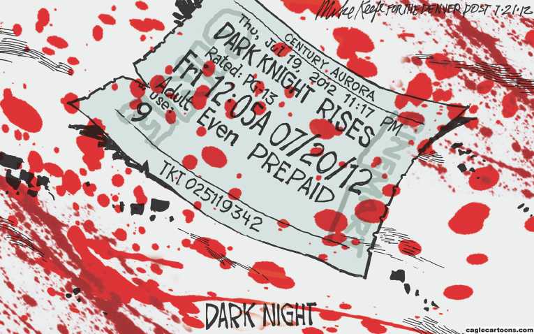Political/Editorial Cartoon by Mike Keefe, Denver Post on Colorado Massacre Claims 12 Lives