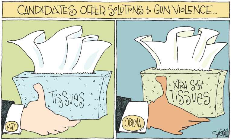 Political/Editorial Cartoon by Signe Wilkinson, Philadelphia Daily News on Colorado Massacre Claims 12 Lives