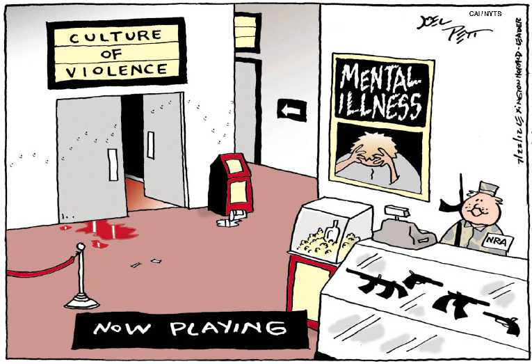Political/Editorial Cartoon by Joel Pett, Lexington Herald-Leader, CWS/CartoonArts Intl. on Colorado Massacre Claims 12 Lives