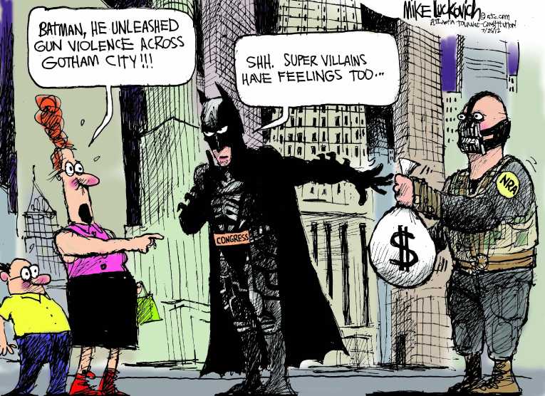 Political/Editorial Cartoon by Mike Luckovich, Atlanta Journal-Constitution on Colorado Massacre Claims 12 Lives