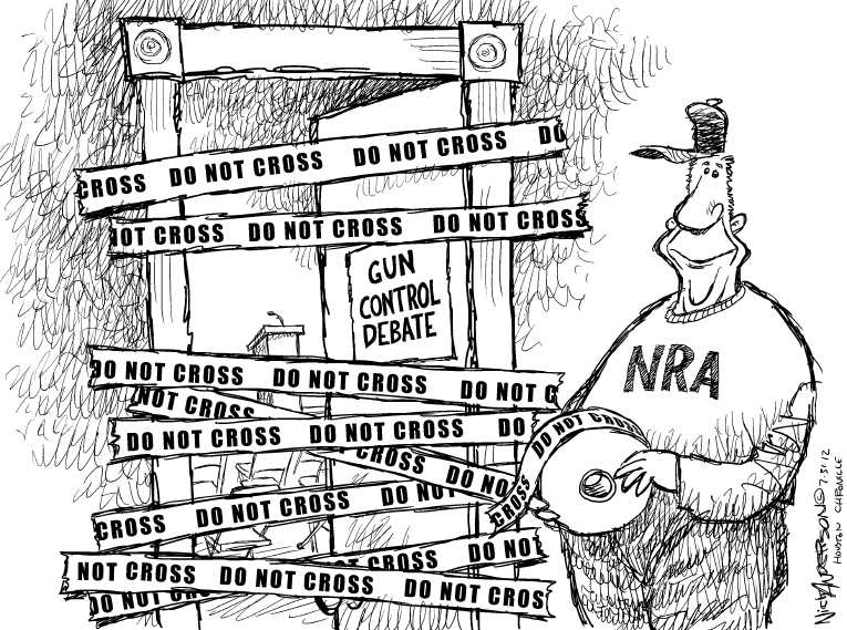 Political/Editorial Cartoon by Nick Anderson, Houston Chronicle on 12 Victims Remain Dead