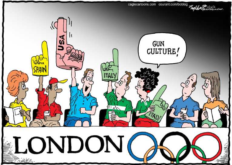 Political/Editorial Cartoon by Bob Englehart, Hartford Courant on 2012 Summer Olympics Commence