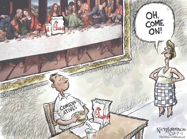 Political/Editorial Cartoon by Nick Anderson, Houston Chronicle on Food Chain Sparks Heated Battle