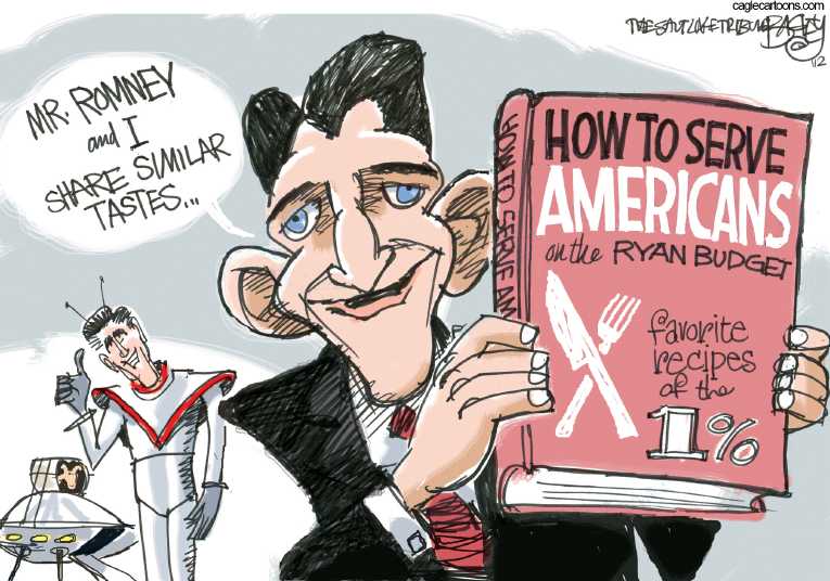 Political/Editorial Cartoon by Pat Bagley, Salt Lake Tribune on Romney Picks Ryan As Running Mate