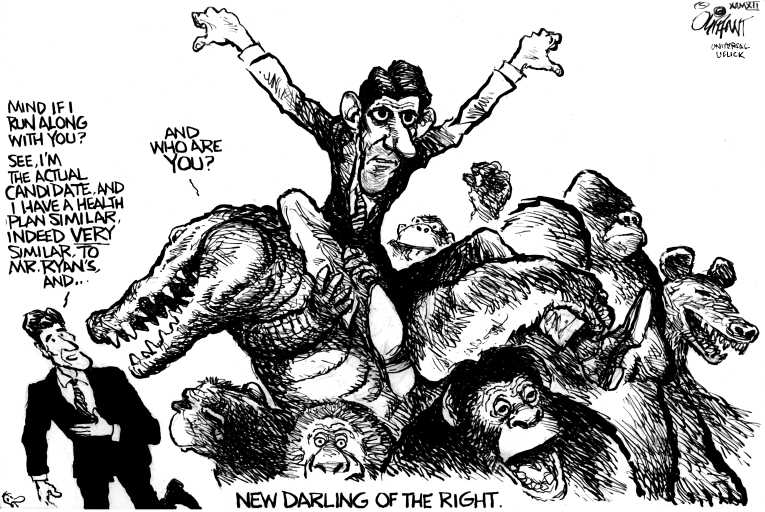 Political/Editorial Cartoon by Pat Oliphant, Universal Press Syndicate on Romney Picks Ryan As Running Mate
