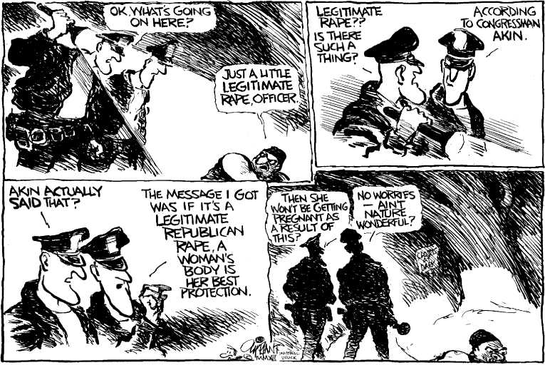 Political/Editorial Cartoon by Pat Oliphant, Universal Press Syndicate on Rape Comments Derail Akin