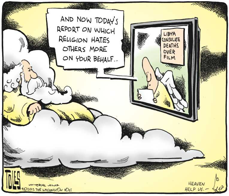 Political/Editorial Cartoon by Tom Toles, Washington Post on US Embassies Attacked