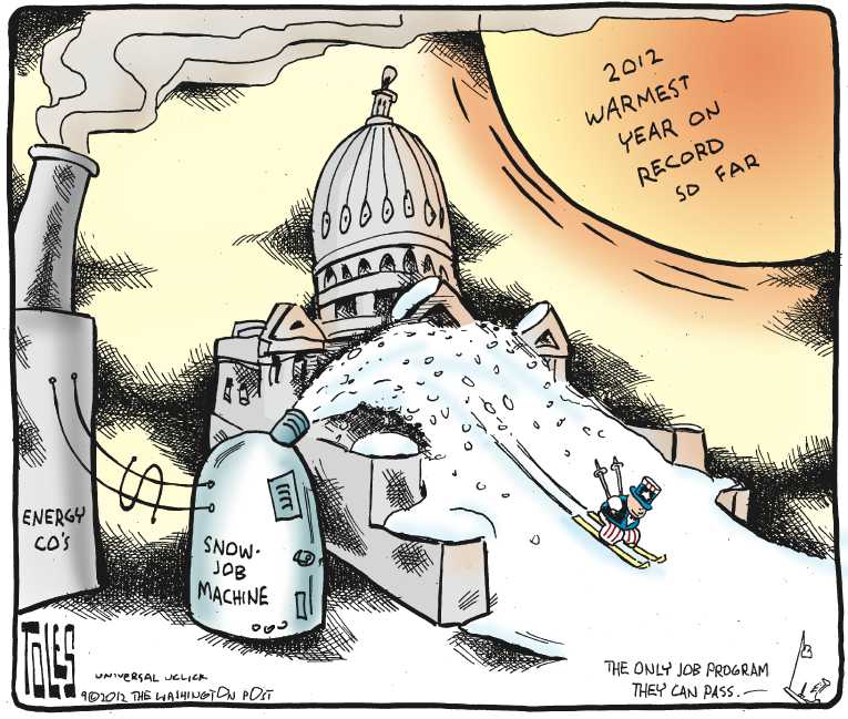 Political/Editorial Cartoon by Tom Toles, Washington Post on Climate Change Debate Continuing