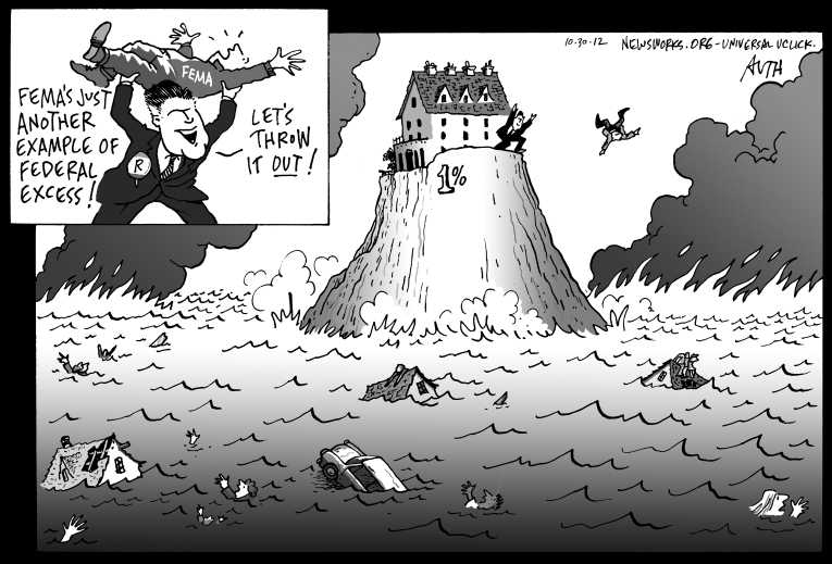 Political/Editorial Cartoon by Tony Auth, Philadelphia Inquirer on Sandy Decimates Northeast