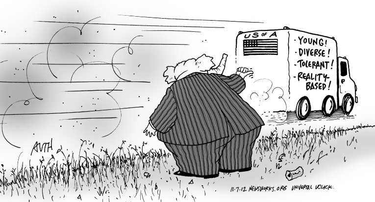 Political/Editorial Cartoon by Tony Auth, Philadelphia Inquirer on Obama Defeats Romney