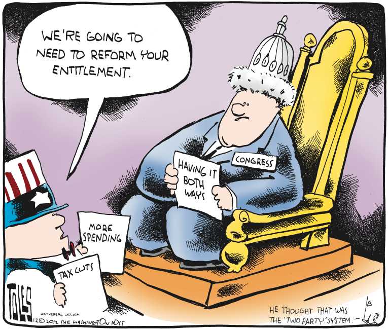 Political/Editorial Cartoon by Tom Toles, Washington Post on Fiscal Cliff Looms