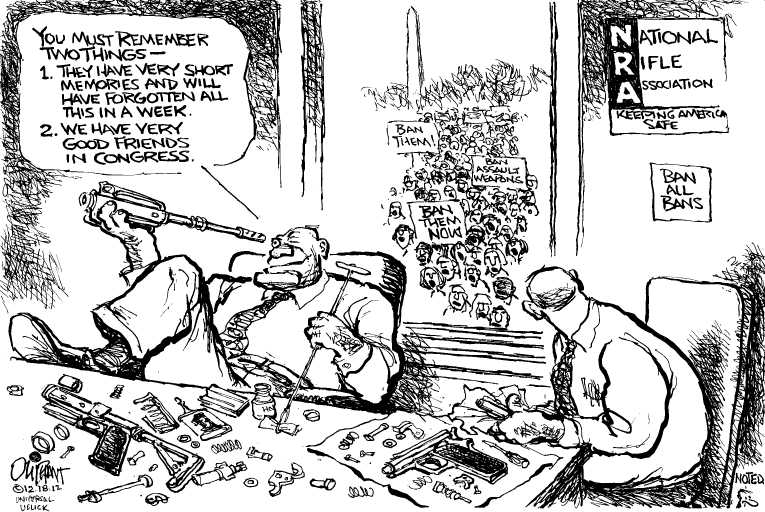 Political/Editorial Cartoon by Pat Oliphant, Universal Press Syndicate on 27 Dead in School Massacre