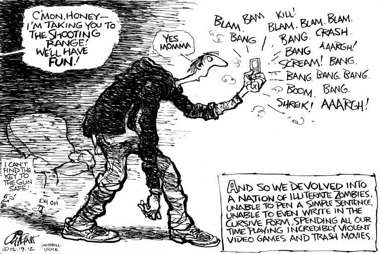 Political/Editorial Cartoon by Pat Oliphant, Universal Press Syndicate on 27 Dead in School Massacre