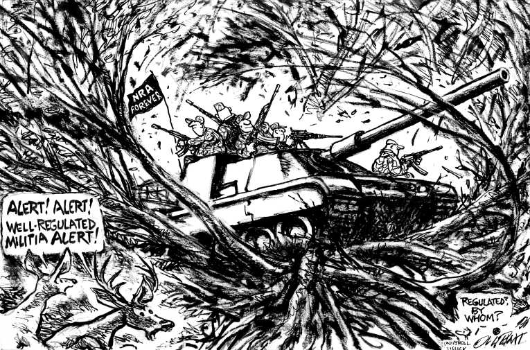 Political/Editorial Cartoon by Pat Oliphant, Universal Press Syndicate on Gun Battle Rages