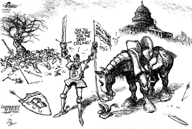 Political/Editorial Cartoon by Pat Oliphant, Universal Press Syndicate on Debt Ceiling Battle Looming