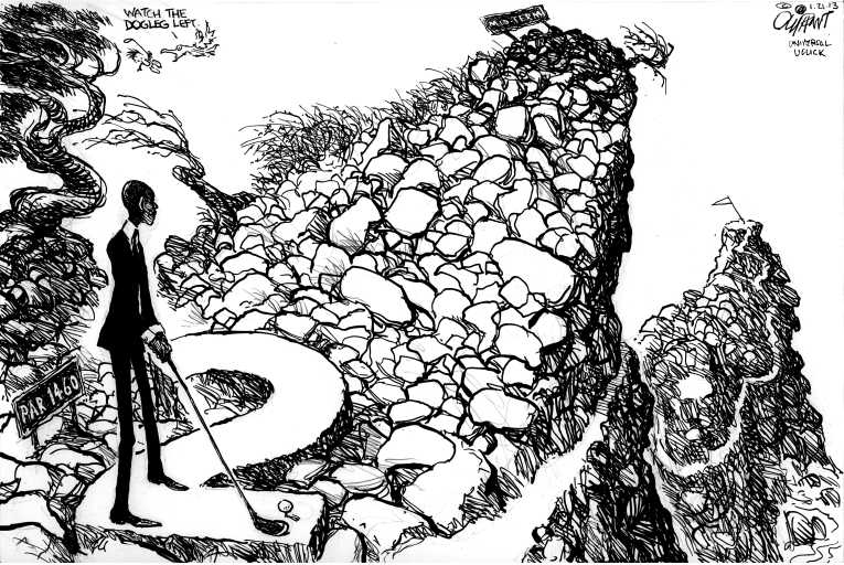 Political/Editorial Cartoon by Pat Oliphant, Universal Press Syndicate on Obama Inaugurated
