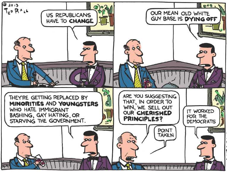 Political/Editorial Cartoon by Ted Rall on GOP Repositioning Continues
