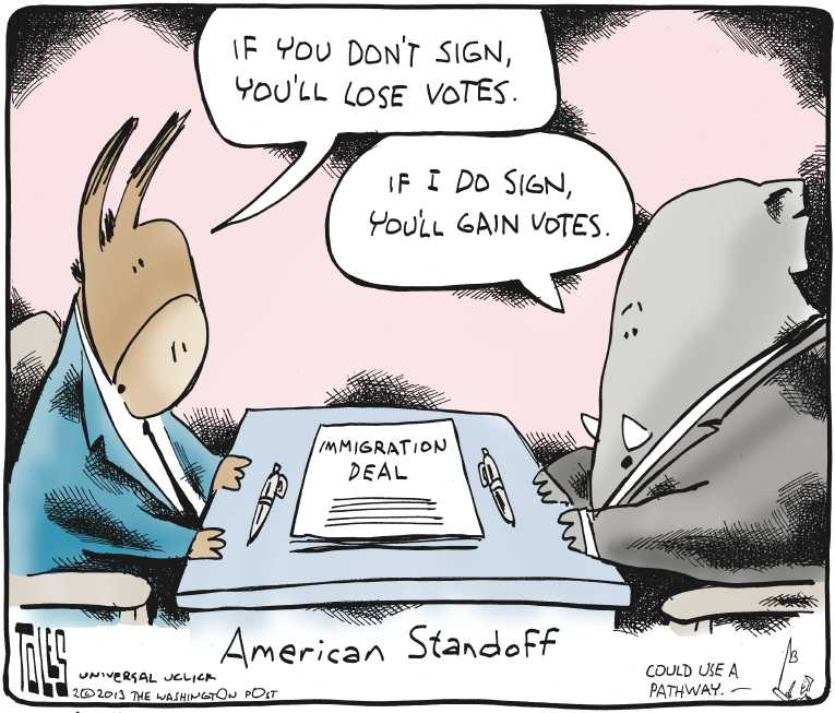 Political/Editorial Cartoon by Tom Toles, Washington Post on Immigration Deal Possible
