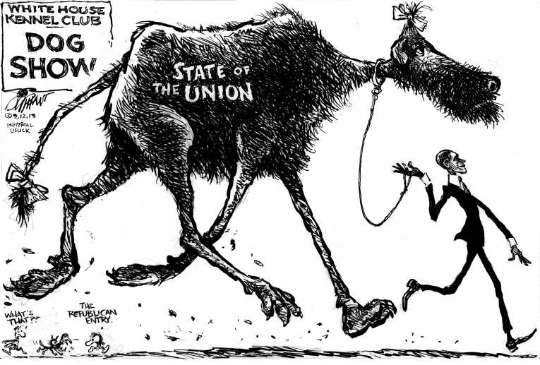 Political/Editorial Cartoon by Pat Oliphant, Universal Press Syndicate on Obama Defines Goals